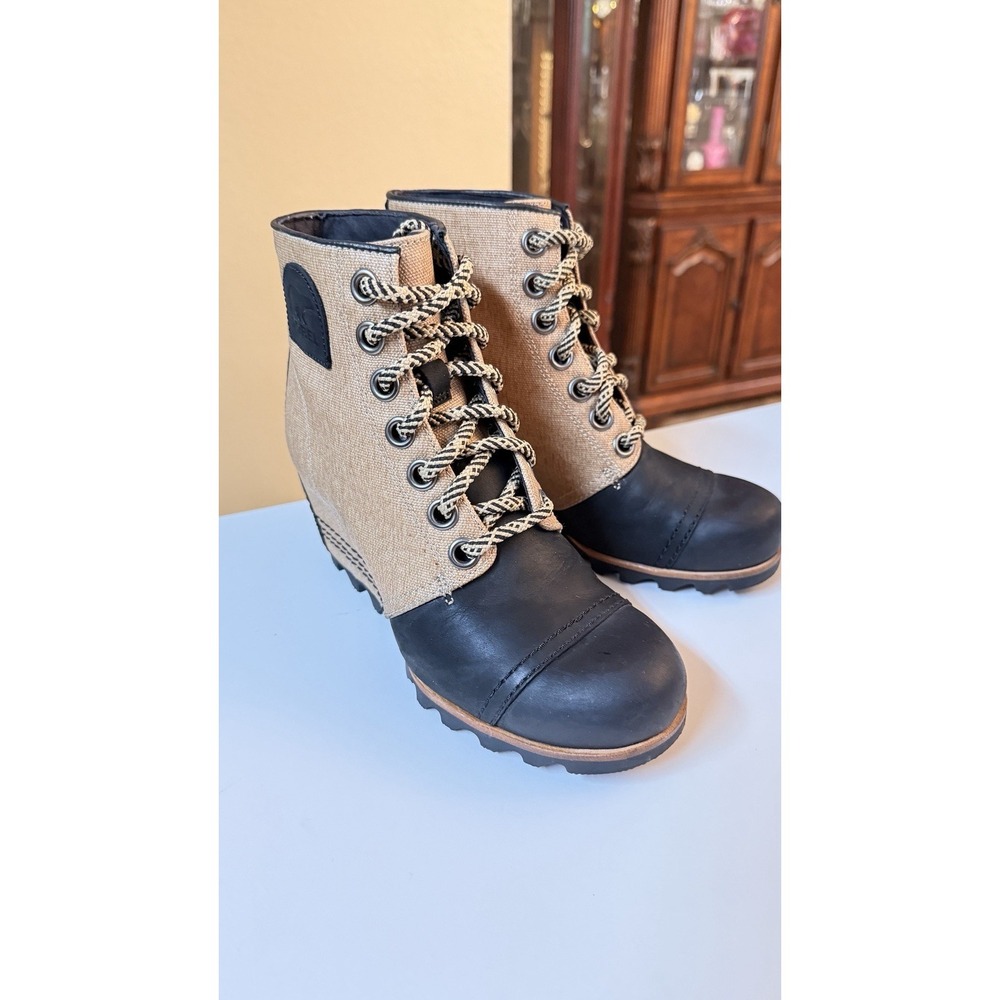 Sorel PDX Premium Wedge Boots Womens 6.5 Black Tan Leather Canvas Waterproof
